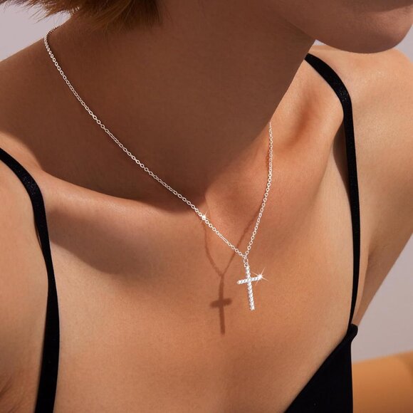 04 Simple Cross Necklace for Women's Plated Dainty Silver Small Cross Pendant - Picture 3 of 6